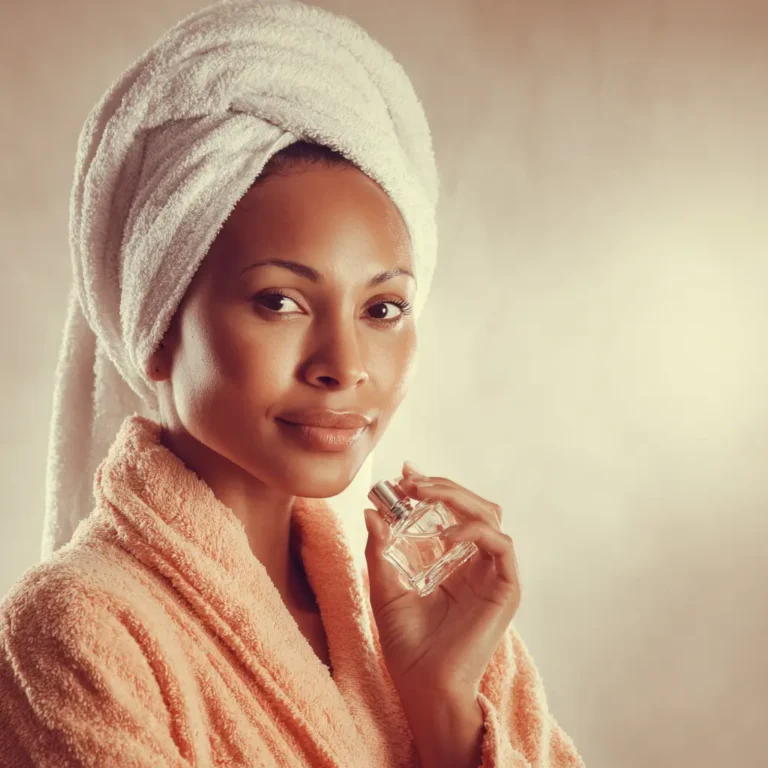 african lady holding perfume bottle about to apply fragrance after a shower