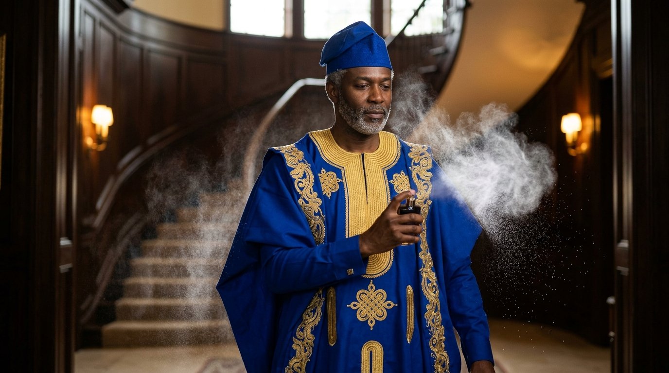 spraying perfume on agbada attire