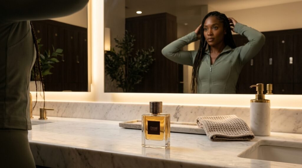 fragrance wearing in bathroom